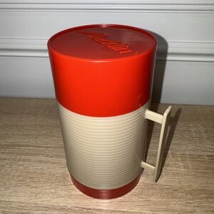 Alladin Vintage Thermos Red Beige Hy-Lo Vacuum Bottle 16 oz Pint Widemouth